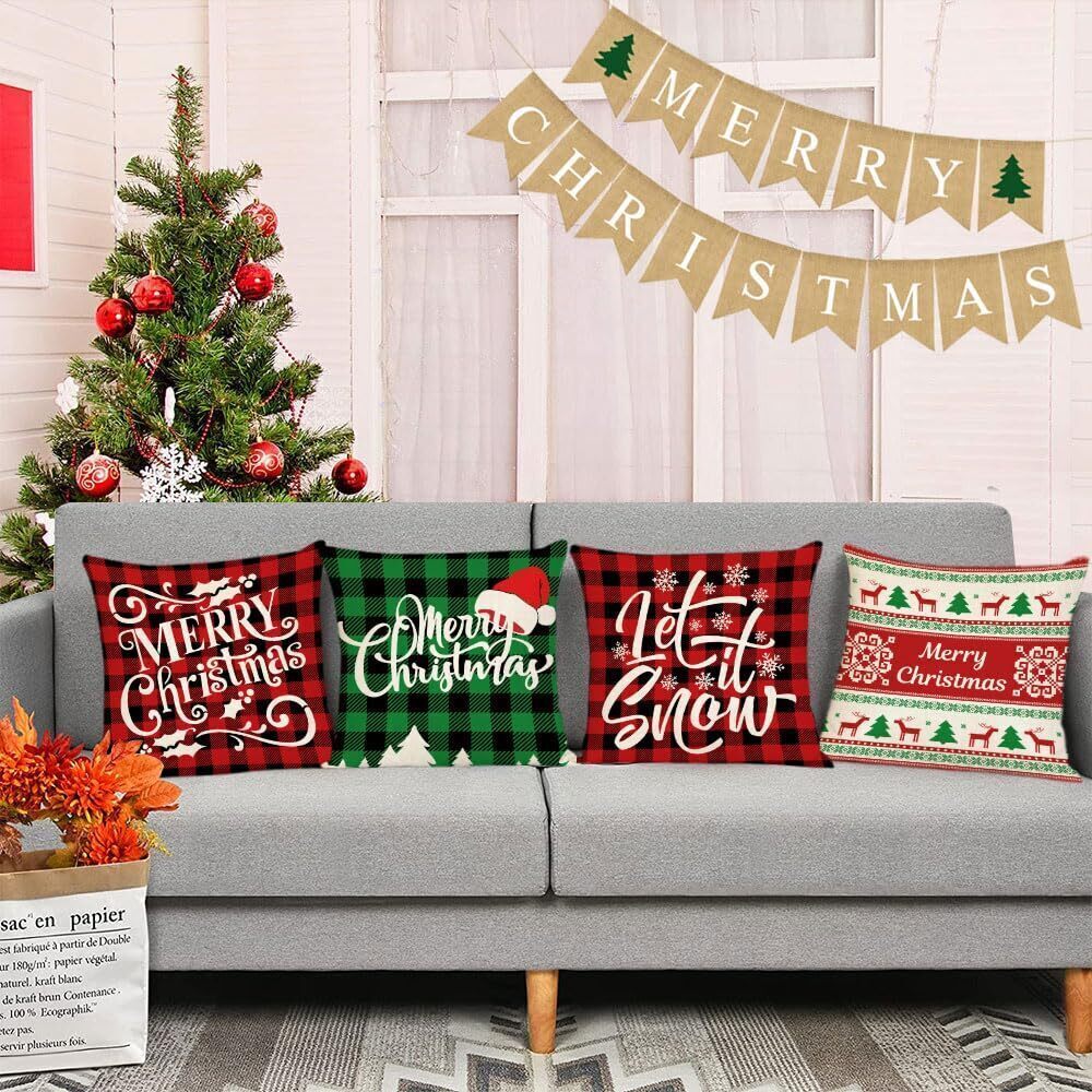 9873 Christmas Pillow Covers 12x12 Set of 4 Red Green Xmas Decorative Throw - Picture 6 of 8